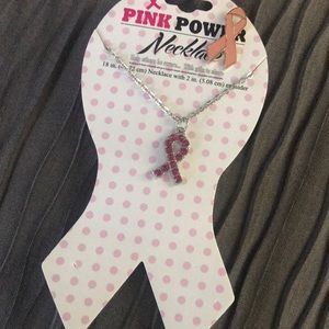 Pink ribbon pin breast cancer awareness enamel rhinestone necklace extender NEW